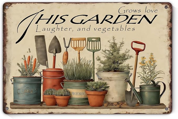 Garden Signs for Outside This Garden Grows Love, Laughter, and Vegetables, Funny Metal Signs for Home Garden Patio Yard, Retro Gardening Gifts for Women, Wall Decor 12" x 8"