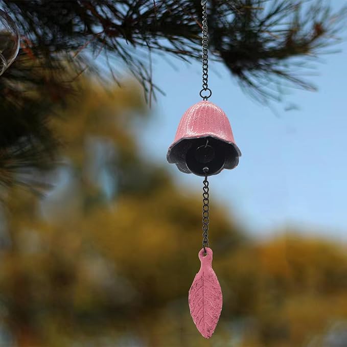 MrMrKura Japanese Leaf Wind Chimes, Small Wind Bell Pendent for Outside Hanging Cast Iron Wind Chime Ornament for Bless Garden Backyard Home Decor (Pink)