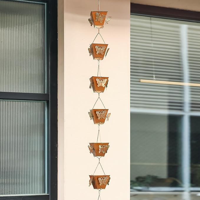 8.5 FT Golden Rain Chain with Butterfly Design - Decorative Downspout Alternative, Rustproof & Heavy Duty for Outdoor Water Drainage - Easy to Install, Prevents Splashing (Butterfly Cup Design)