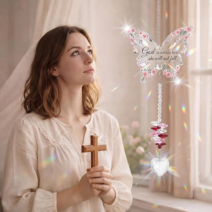 Didaey 2 Pcs Christian Crystal Butterfly Suncatchers Inspirational Religious Gifts for Women Pink Purple Windows Car Hanging Ornament with Greeting Card and Gift Box for Mom Friend Mother's Day
