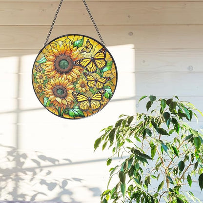 Sunflower Stained Glass Window Hanging,7.87 Inch Sun Catcher Indoor Window Decor with Butterfly,Ornament for Home,Garden,New Home,Christmas,Mother’s Day Outdoor Gift for Mom,Festival Gift