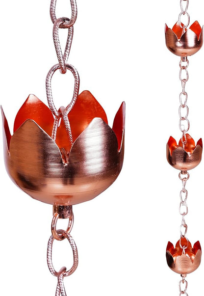 Topadorn 8.5 FT Metal Lotus Rain Chain with 11 Tulip Shaped Copper Cups for Outdoor Home Garden Decor Replacement for Gutter Downspouts, Divert Water and Home Display