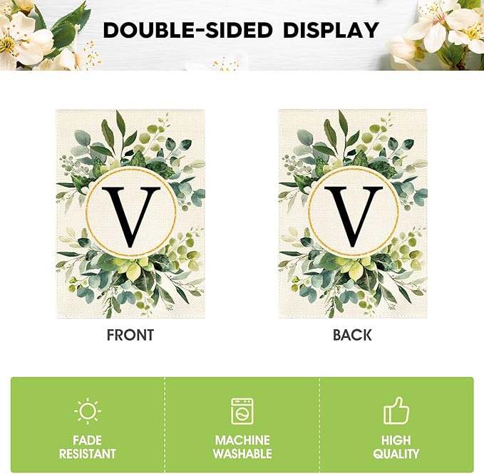 AVOIN colorlife Monogram Letter V Floral Garden Flag 12x18 Inch Double Sided Outside, Family Last Name Initial Yard Outdoor Decoration