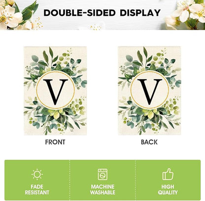 AVOIN colorlife Monogram Letter V Floral Garden Flag 12x18 Inch Double Sided Outside, Family Last Name Initial Yard Outdoor Decoration