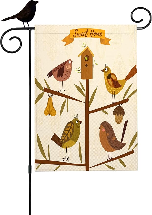 Mugod Bird Spring Summer Garden Flag, Birds on Birdhouse Vertical Double Sided Burlap Yard Flag 12.5x18 Inch for Home Villa Patio Lawn Outdoor Decor