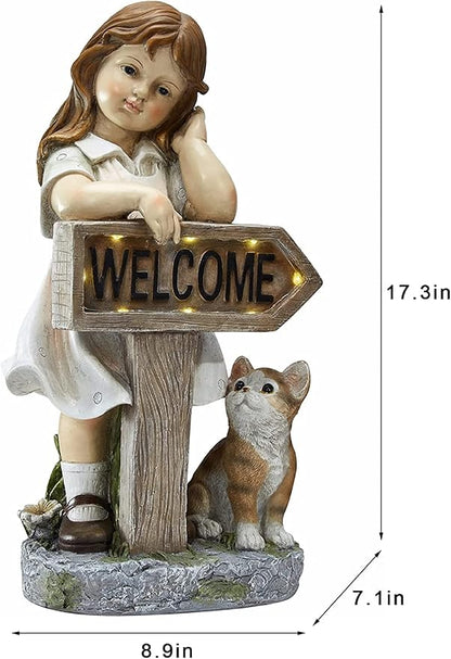 Girl Garden Statue with Solar LED Lights, Solar Girl Welcome Sign with Cat Garden Statue for Outdoor Decor, Porch, Patio, Yard Art Decorations, Polyresin 17.3 inch