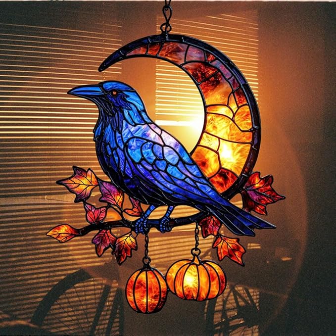 Cresent Moon Pumpkin Raven Acrylic Suncatcher Stained Glass Effect Window Car Hanging Christmas Ornament Indoor Outdoor Decor Garden Sun Catcher Panel for Gothic Lover for Women Mom Grandma