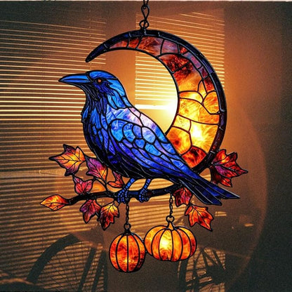 Cresent Moon Pumpkin Raven Acrylic Suncatcher Stained Glass Effect Window Car Hanging Christmas Ornament Indoor Outdoor Decor Garden Sun Catcher Panel for Gothic Lover for Women Mom Grandma