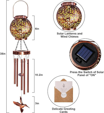 Wind Chimes for Outside, Windchimes Outdoors Hummingbird Gifts for Mom Women Grandma, Hanging Solar Lantern Solar Wind Chimes for Outside Patio Yard Garden Decor