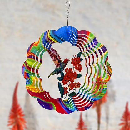 Wind Spinner Colorful Hummingbird 12 inch 3D Stainless Steel Laser Cut Metal Double Sided Printing-Hanging Indoor/Outdoor Decorations Yard Gardening Decor,Metal Kinetic Art Ornament Gifts