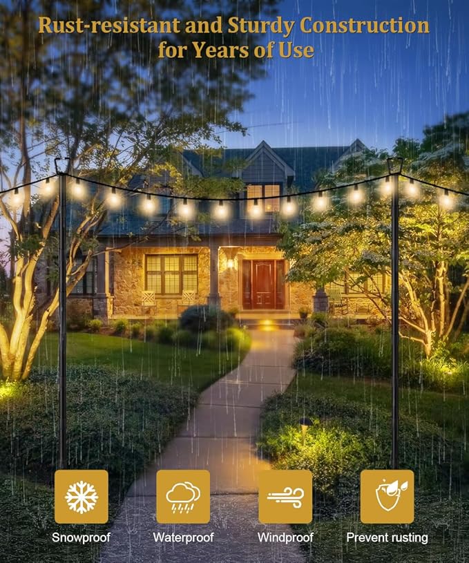 10FT String Light Poles for Outdoor Decor, Sturdy Light Pole with Fork, Adjustable Metal Posts for Outside Patio, Backyard, Deck, Garden, Party, Wedding