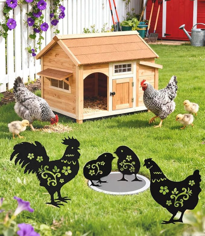 4 Pack Metal Yard Stake Decor, Weather-Proof Chicken Decor, Rooster Hen Chicks Silhouette Garden Sculptures & Statues Stakes for Outdoor Lawn, Patio, Flower Beds, Ideal Gardening & Country Gifts