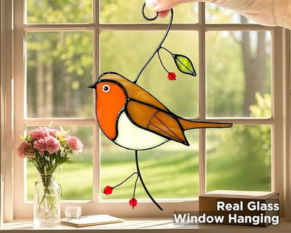Robin Stained Glass Window Hanging - Handmade Real Glass Robins Suncatcher - Gifts for Women, Mom, Grandma, Mother - Elegant Gifts Box Bird Sculpture Home Decor (H7.5xW5.1 Inch)