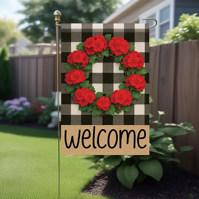 Buffalo Plaid Welcome Wreath Garden Flag Red Geranium Flower Flag 12x 18 Inch Double Sided Spring Outdoor Fall Autumn Farmhouse Outdoor Small Decor for Porch Lawn Patio Yard