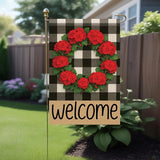 Buffalo Plaid Welcome Wreath Garden Flag Red Geranium Flower Flag 12x 18 Inch Double Sided Spring Outdoor Fall Autumn Farmhouse Outdoor Small Decor for Porch Lawn Patio Yard