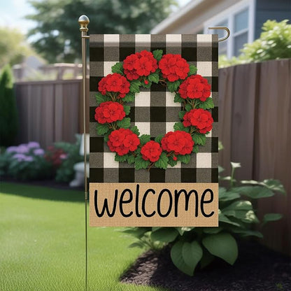 Buffalo Plaid Welcome Wreath Garden Flag Red Geranium Flower Flag 12x 18 Inch Double Sided Spring Outdoor Fall Autumn Farmhouse Outdoor Small Decor for Porch Lawn Patio Yard