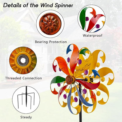 DREAMYSOUL Wind Spinners Outdoor, 13" Dia Colorful Petals Metal Garden Wind Spinner, Kinetic Wind Sculptures & Spinners for Yard Lawn Patio Decor