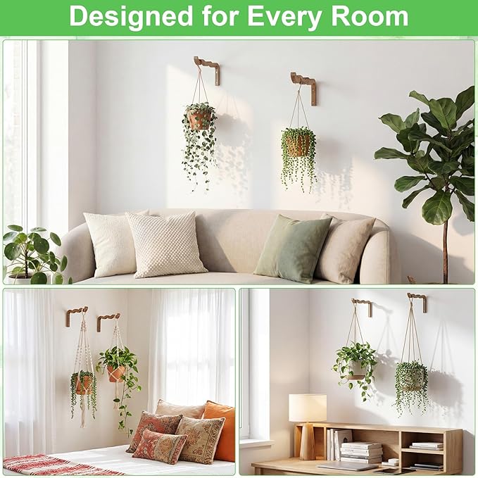 2 Pack Wooden Wall Plant Hangers, 12 Inch Wavy Hanging Plant Hooks Walnut Color Hanging Brackets for Indoor Outdoor Flower Pots, Wind Chimes, Lanterns, Bird Feeders