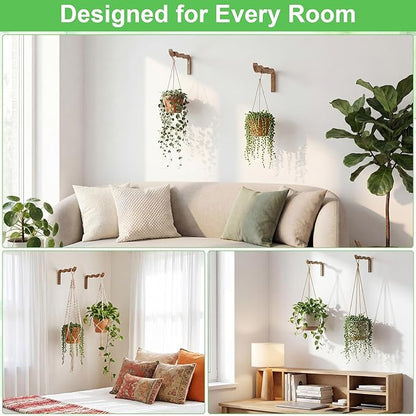 2 Pack Wooden Wall Plant Hangers, 12 Inch Wavy Hanging Plant Hooks Walnut Color Hanging Brackets for Indoor Outdoor Flower Pots, Wind Chimes, Lanterns, Bird Feeders