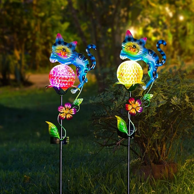 Solar Garden Lights, 2 Pack Cat Solar Lights Outdoor Waterproof Colorful Global Lanscape Lighting, Decorative Metal Yard Art for Pathway, Patio, Lawn