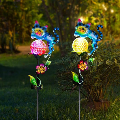 Solar Garden Lights, 2 Pack Cat Solar Lights Outdoor Waterproof Colorful Global Lanscape Lighting, Decorative Metal Yard Art for Pathway, Patio, Lawn