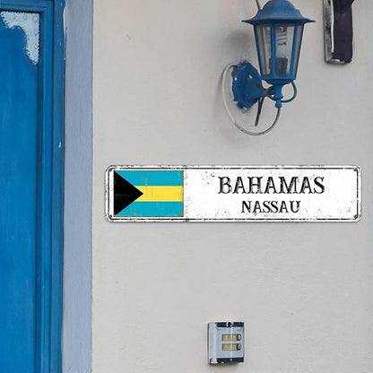 Bahamas Street Sign Custom Bahamas Flag Signs Capital City of Bahamas Metal Sign Road Wall Art Farmhouse Decorative Sign Rustic Home Decoration Gift for Foreign Friend, Neighbor 18x4inch