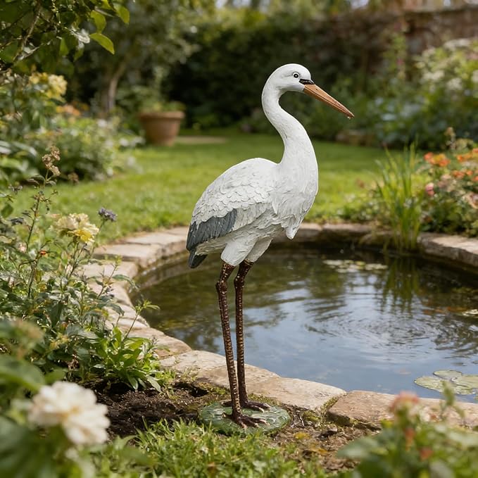 Garden Elegance White Crane Garden Statue, 18.11-Inch Resin Bird Sculpture, Long-Legged Decorative Ornament for Outdoor Pond, Yard and Lawn
