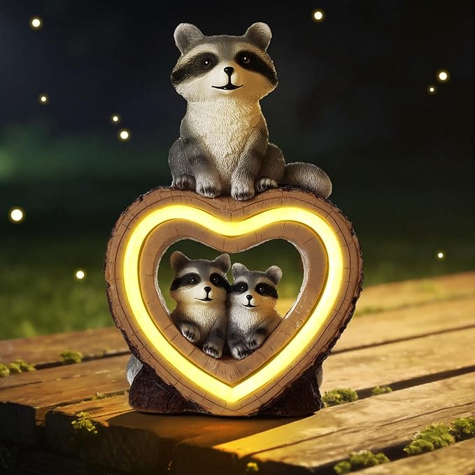 Thyle Solar Raccoon Family Garden Statue with Heart Light 9 Inch Raccoon Solar Lights Statue Outdoor Decor Windproof Waterproof for Outside Yard Garden Lawn Home Decor Mother Gifts for Women Mom