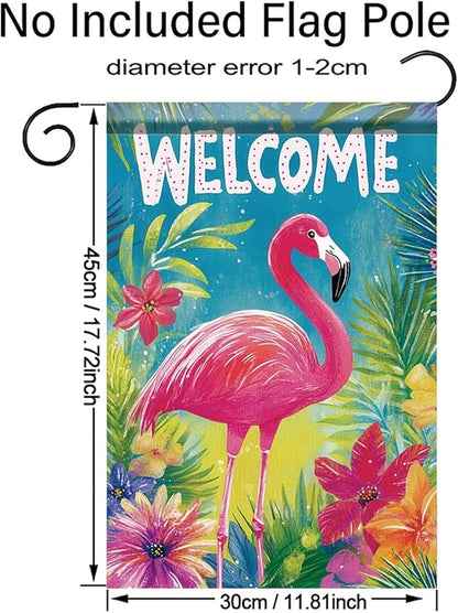 Spring Summer Garden Flag 12x18 Inch Welcome Flamingo Tropical Floral Jungle Design Outdoor Yard Porch Lawn Garden for Seasonal Coastal Farmhouse Home Decor