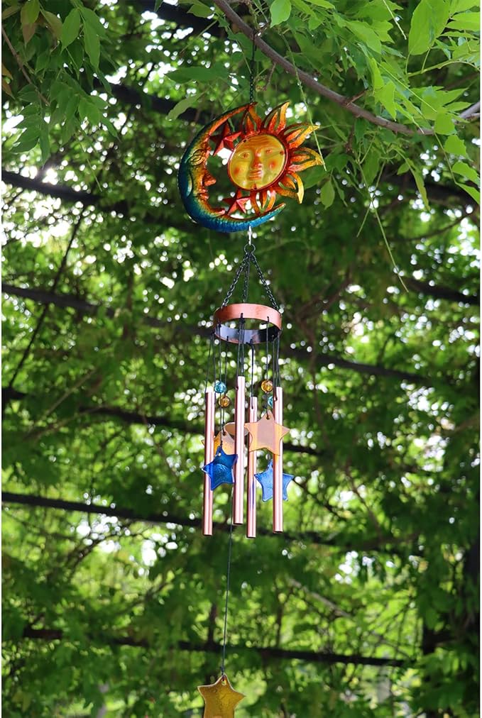 Sun Moon Star Wind Chime for Outside Valentine Decoration, Aluminum Tubes with Star Shape Suncatcher, Wind Chimes Hanging for Porch Patio Balcony Decor, 37 Inch