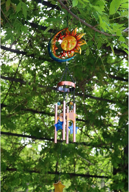 Sun Moon Star Wind Chime for Outside Valentine Decoration, Aluminum Tubes with Star Shape Suncatcher, Wind Chimes Hanging for Porch Patio Balcony Decor, 37 Inch