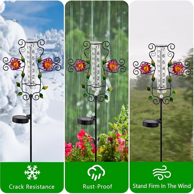 Rain Gauge Outdoor Solar Powered LED Lights Rain Gauge Color Changeable Decorative Water Gauge for Yard,Garden,Patio,Lawn