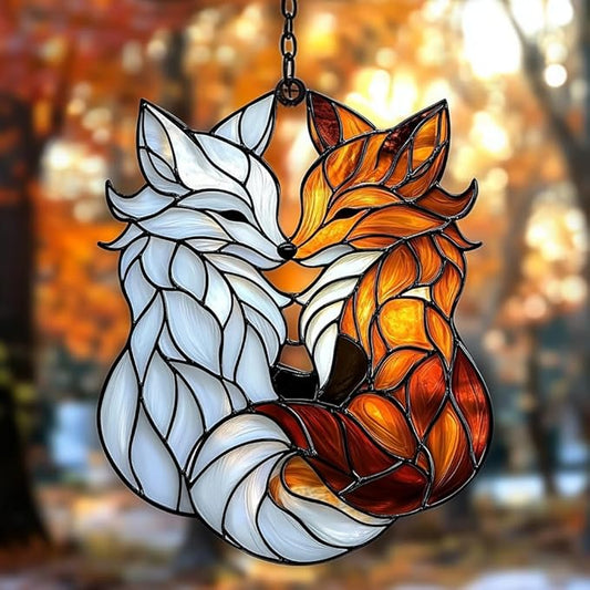 Cute Loving Couple Foxes Acrylic Suncatcher Stained Glass Effect Window Car Hanging Christmas Ornament Indoor Outdoor Decor Garden Sun Catcher Panel for Fox Lover for Women Mom Grandma