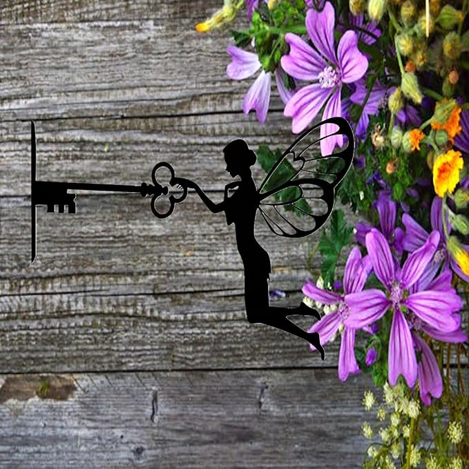 SBOMB Black Iron Art Decorative Metal Crafts, Sitting Fairy Silhouette Garden Statues Outdoor Art Statue for Patio Yard Lawn Tree Wall Deco (Fairy Key)
