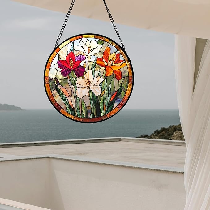 Stained Glass Window Hanging - Colorful Flower Suncatcher for Door Garden Home Decor Wildflowers Sun Catcher Christmas Birthday for Friend Lovers Women Mom Nana 6.3 in