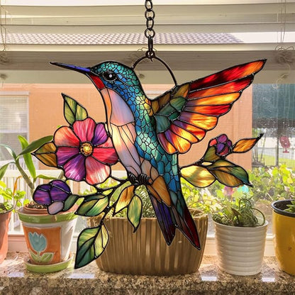 Flowers and Hummingbird Acrylic Suncatcher Stained Glass Effect Window Car Hanging Christmas Ornament Indoor Outdoor Decor Garden Sun Catcher Panel for Hummingbird Lover for Women Mom Grandma