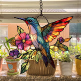 Flowers and Hummingbird Acrylic Suncatcher Stained Glass Effect Window Car Hanging Christmas Ornament Indoor Outdoor Decor Garden Sun Catcher Panel for Hummingbird Lover for Women Mom Grandma