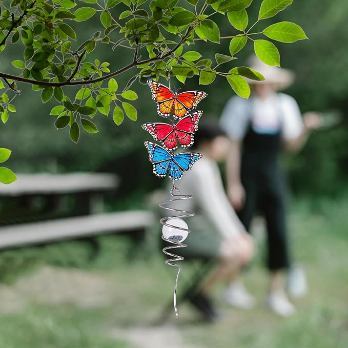 18" Wind Spinner Hanging Metal Figurine Spinner with Glass Ball for Garden Décor, Wind Sculptures & Spinners for Indoor Outdoor Garden Ornament, Butterfly, Mother's Day Gift