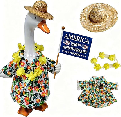 Porch Goose Summer Outfits for 23'' Lawn Porch Goose Clothing Hawaiian Outfits, Summer Lawn Goose Costume, Yard Goose Clothes Hawaiian Wreath with Straw Hat Glasses (with a 250th Years Flag)