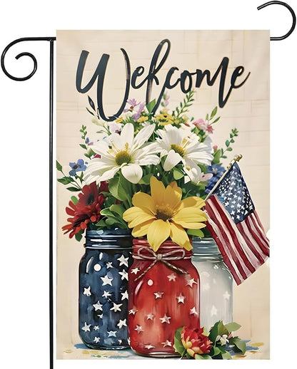 4th of July Mason Jar Flowers Summer Garden Flag 12x18, Patriotic Celebration Double-Sided Decorative Burlap Yard Flag for Memorial Day Independence Day Outside Decoration Holiday Festivities