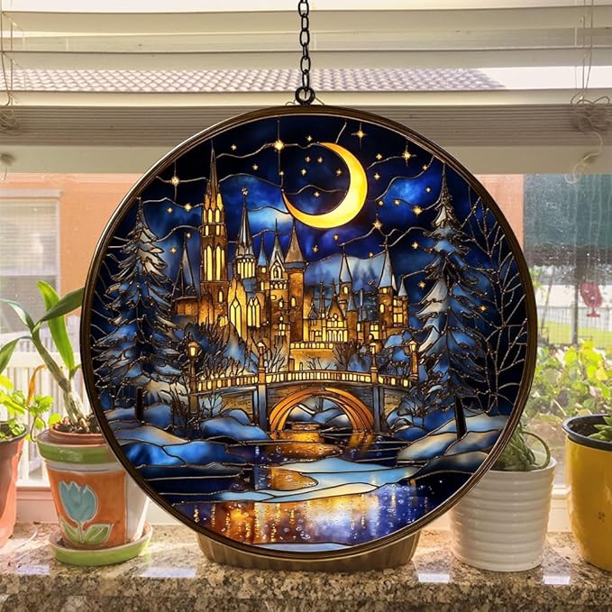 The City of Magic Acrylic Suncatcher Stained Glass Effect Window Car Hanging Christmas Ornament Indoor Outdoor Decor Garden Sun Catcher Panel for Acrylic Suncatcher Lover for Women Mom Grandma