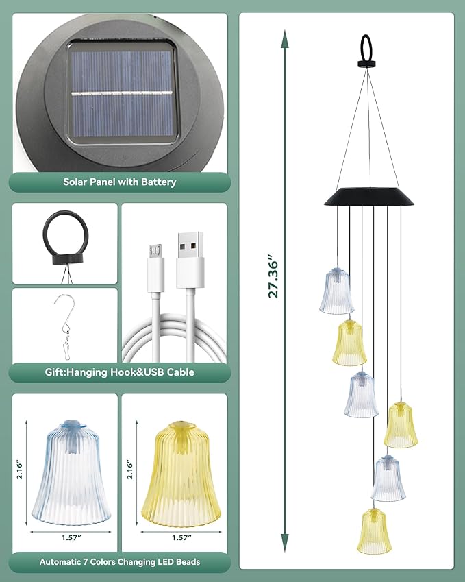 DOUBLEZHE Solar Wind Chimes for Outside, Color Changing Bell Wind Chimes, Birthday Gifts for Women Mom Grandma, Waterproof Outdoor LED Decoration Mobile Light for Garden Patio Yard Party Window Decor