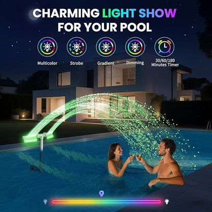 Swimming-Pool Waterfall Fountain w/Colorful Led-Lights - 7 Color Changing Above/Inground Pool Fountain Lights with Remote, Water Sprinkler Adjustable Height Pool Sprayer for Outdoor Yard Decoration