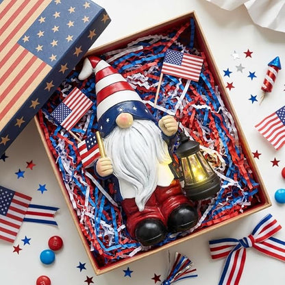 TERESA'S COLLECTIONS 4th of July Gnome Decorations with Solar Lantern, Memorial Day Decorations Resin Patriotic Garden Gnome Holding American Flag, USA 250th Anniversary Independence Day Gift 8"