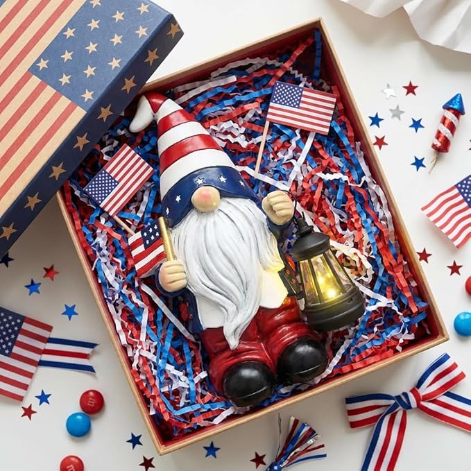 TERESA'S COLLECTIONS 4th of July Gnome Decorations with Solar Lantern, Memorial Day Decorations Resin Patriotic Garden Gnome Holding American Flag, USA 250th Anniversary Independence Day Gift 10"
