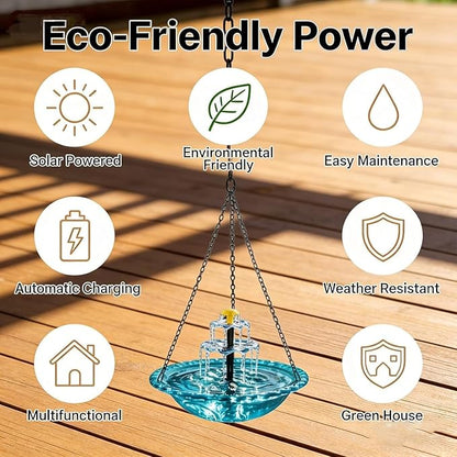 Solar Powered Hanging Bird Bath Fountain, Glass Bowl Solar Water Fountain for Outdoor Garden (Blue)