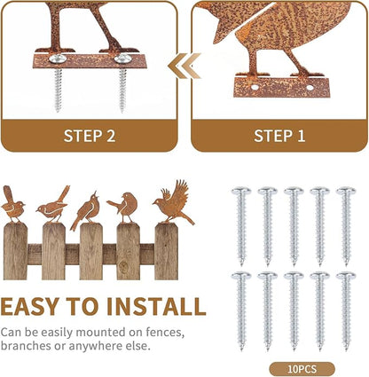 Geila 5PCS Rusty Birds Decoration, Fence Decorations Outdoor, Metal Birds Yard Decor Perfect Yard Art and Large Outdoor Ornaments (5PC)