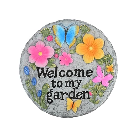 Welcome to My Garden Stepping Stone Outdoor, Butterfly Flower Stone Statue for Garden, Funny Stepping Stone for Yard, Balcony, Patio, Lawn Decorative, Spring in Garden Collection (Butterflies)