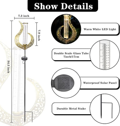 Rain Gauge Outdoor Decorative, Solar Garden Rain Gauge, 7" Capacity Glass Tube Metal Flame Shape for Garden Yard Lawn