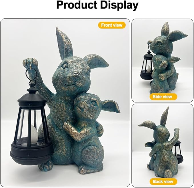 Solar Outdoor Statues Lantern Figurines Light Decorations for Garden Patio Balcony Yard Lawn, Ideal Gifts for Mom Friends (Bronze -Rabbit)
